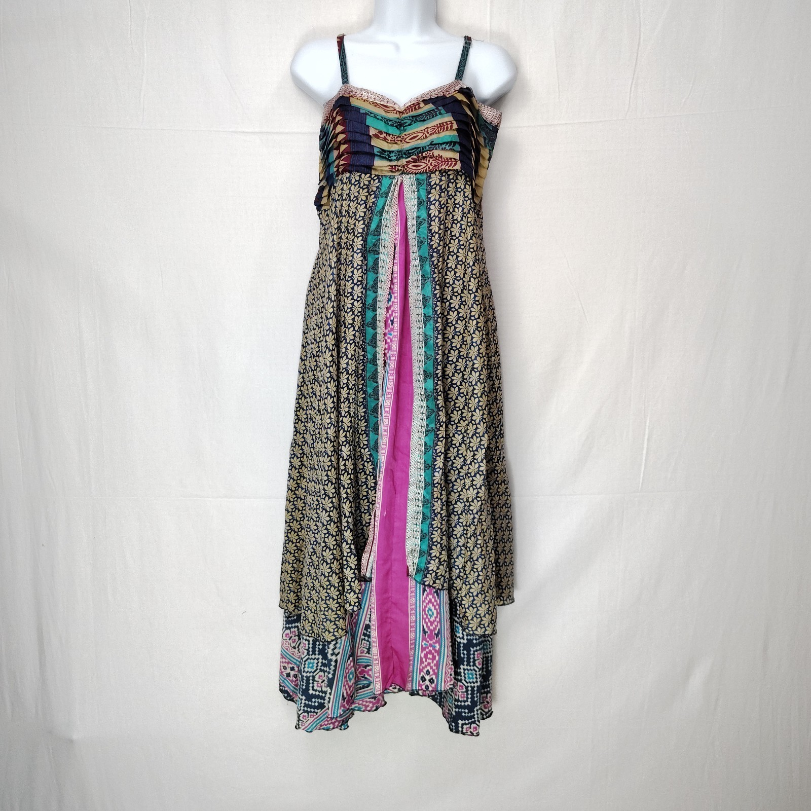 Woodland Fairy GrungeAsymmetric Hem Layered Patchwork Midi Spaghetti Strap Dress