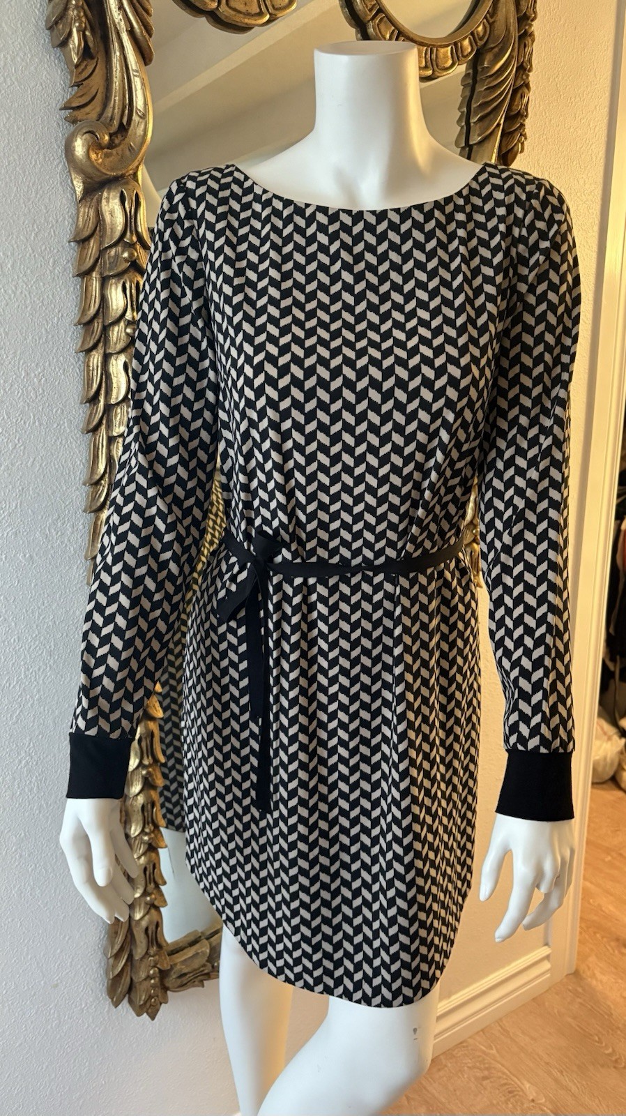Armani Exchange Black Beige Herringbone Pattern Printed Waist Tie Long Sleeve 6