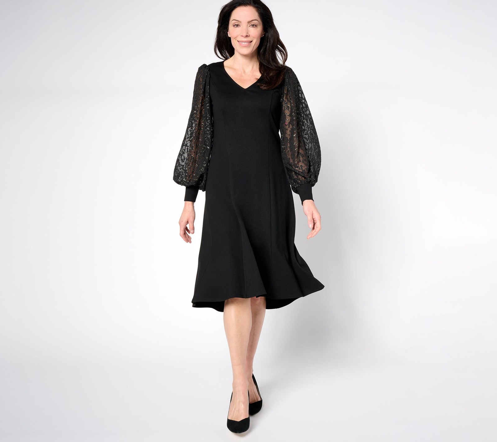 Dennis Basso Petite Ponte Dress with Metallic Accent Sleeves Black M New