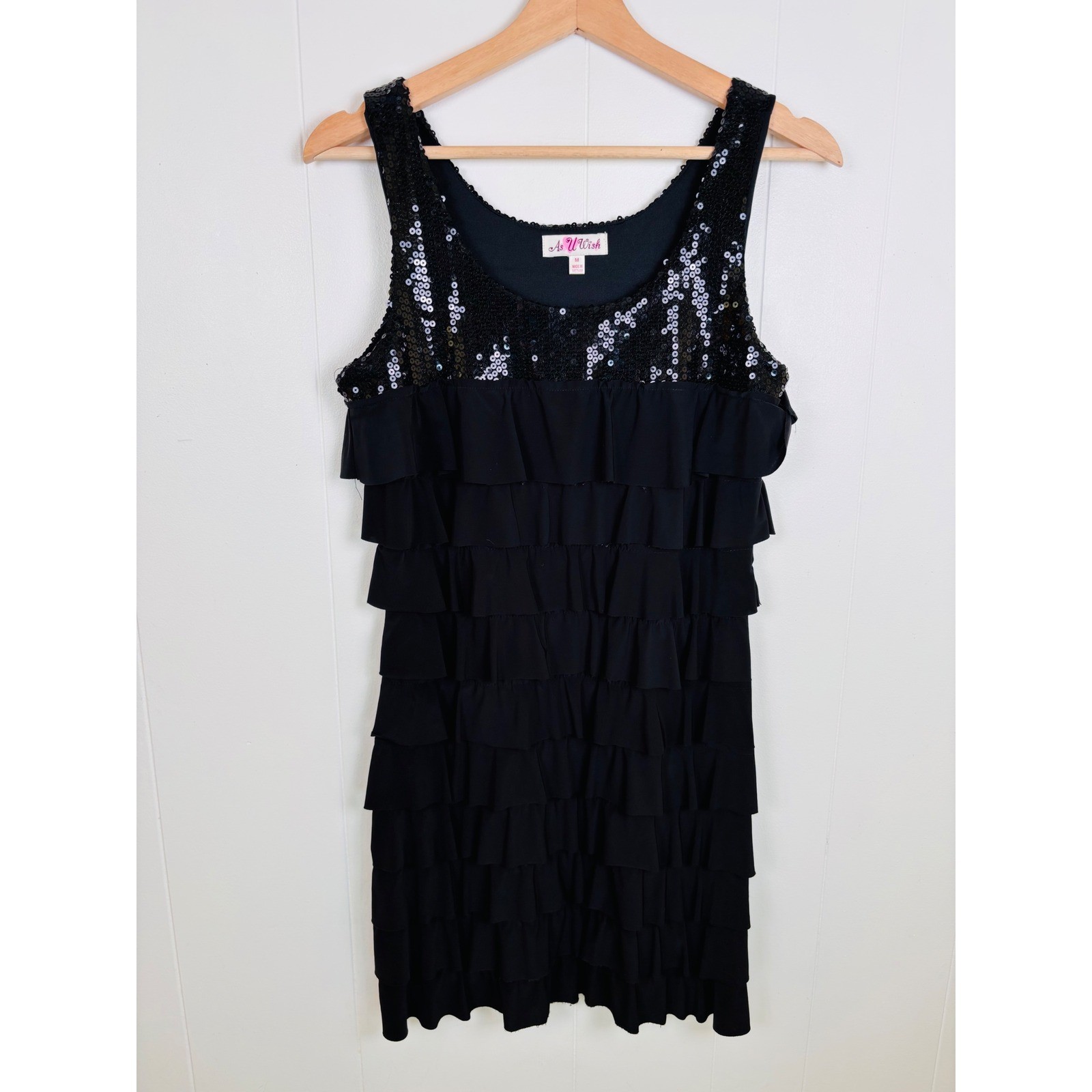 As U Wish Black Medium Flapper Sequin Dress Ruffle Tiered Sleeveless Party