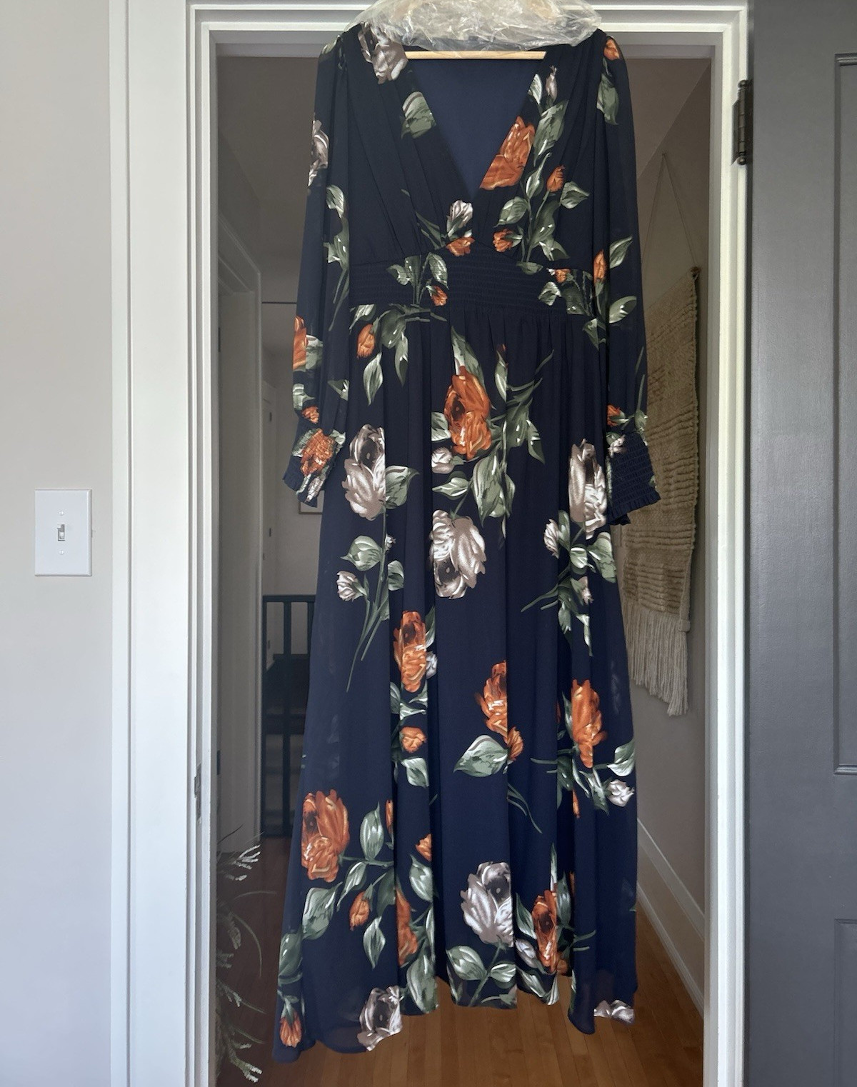 Baltic Born Olivia Women’s 2XL Navy Floral V-Neck Long Sleeve Smocked Maxi Dress