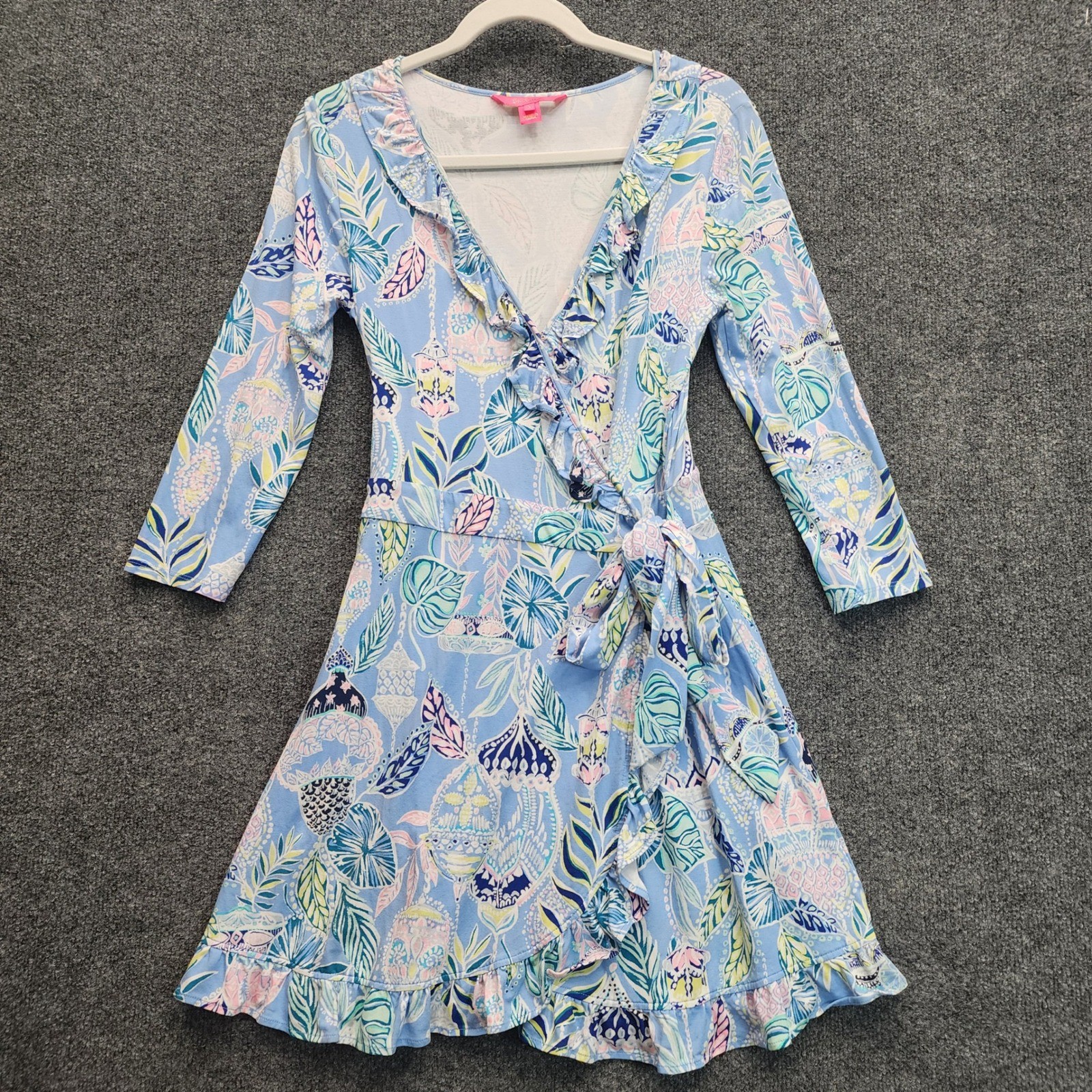Lilly Pulitzer Faux Wrap Ruffle Hem Jersey Dress Tropical Beach Resort Size S