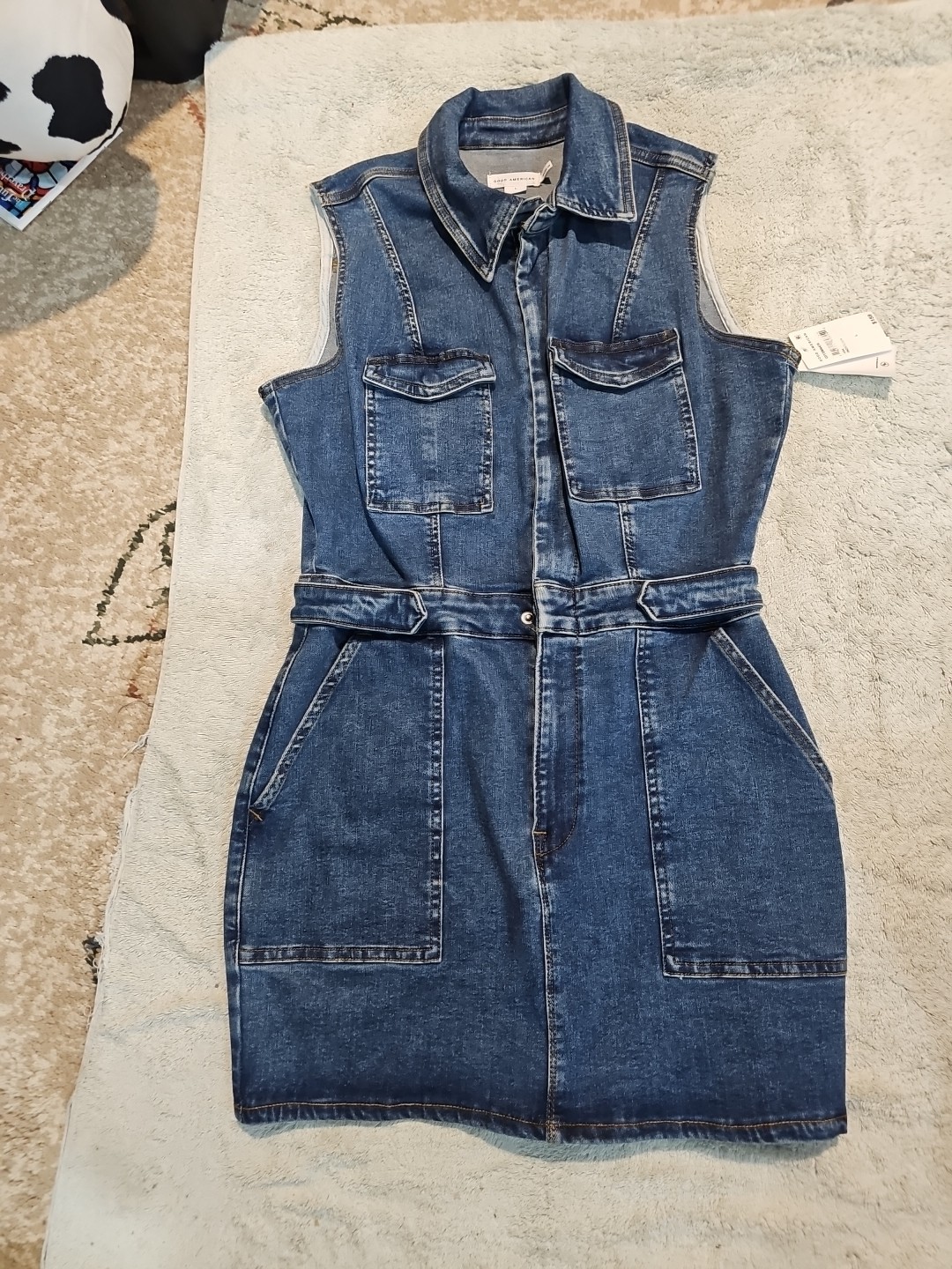 Good American Women’s Denim Short Sleeves Dress Mid Thigh Length Size Large NWT