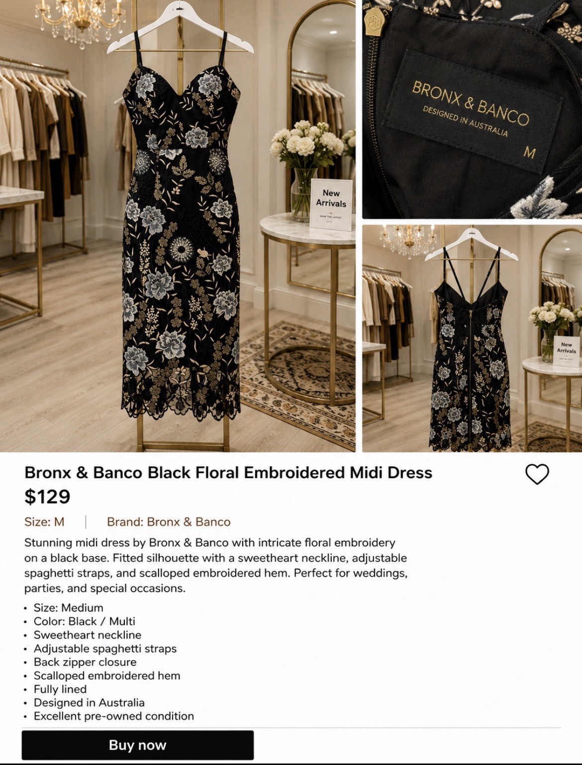 Bronx & Banco Black Multi Floral Embroidered Lace Midi Dress M Lined