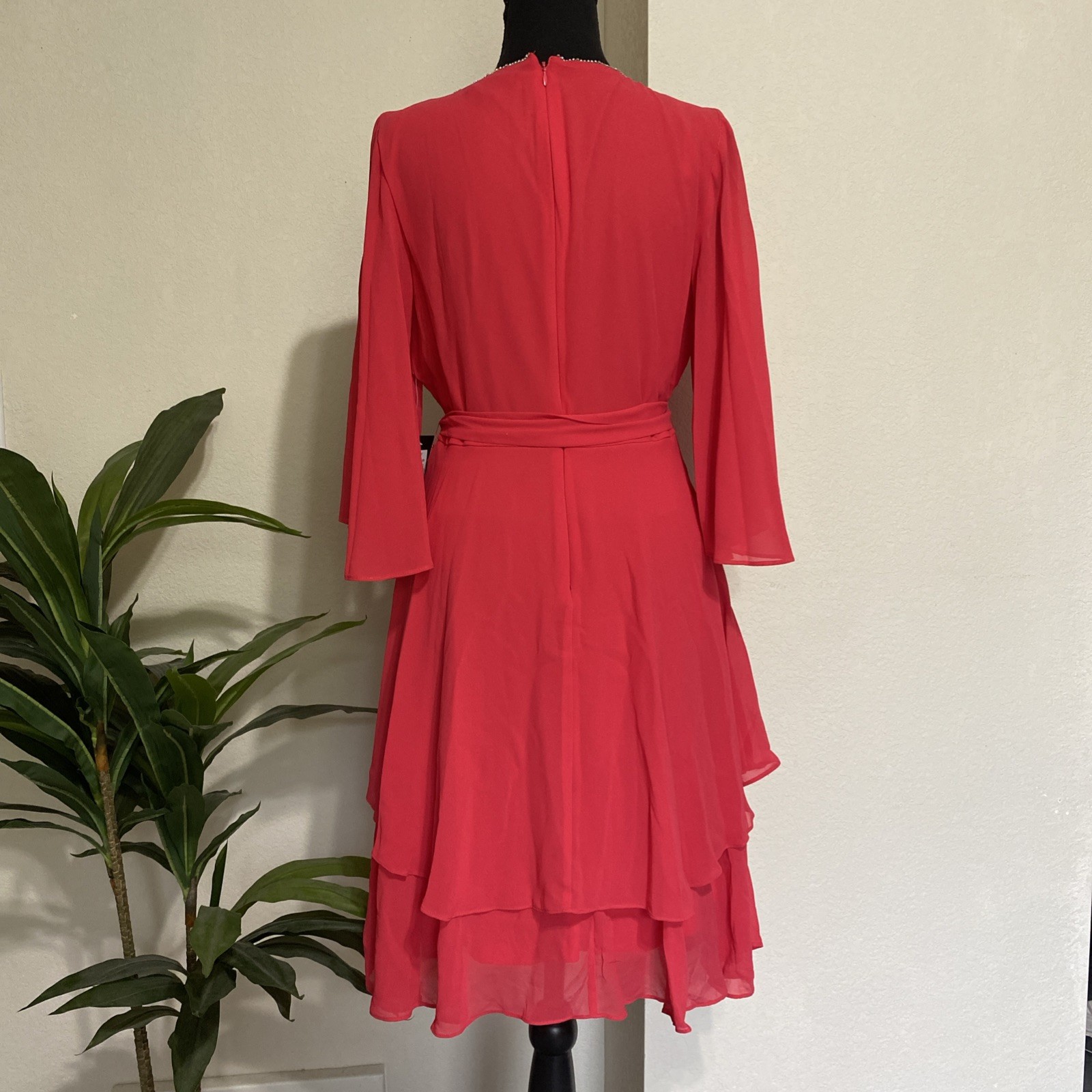 Marina Flutter Sleeve Cascade Ruffle Dress Sz 4 Rhinestone Neck Cherry Red NEW