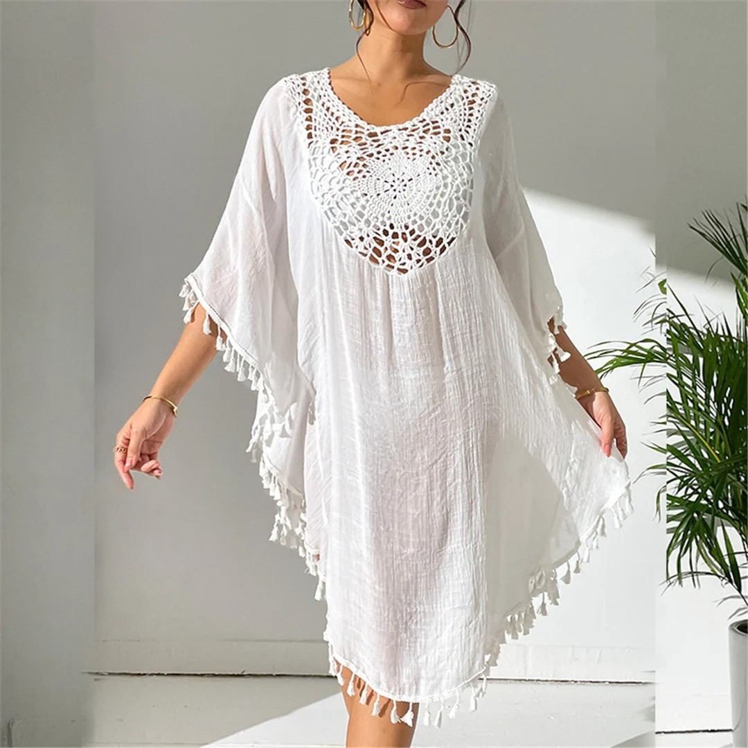 New Fringe Tassel Embroidery Half Sleeve Tunic Beach Cover Up Beach Dress