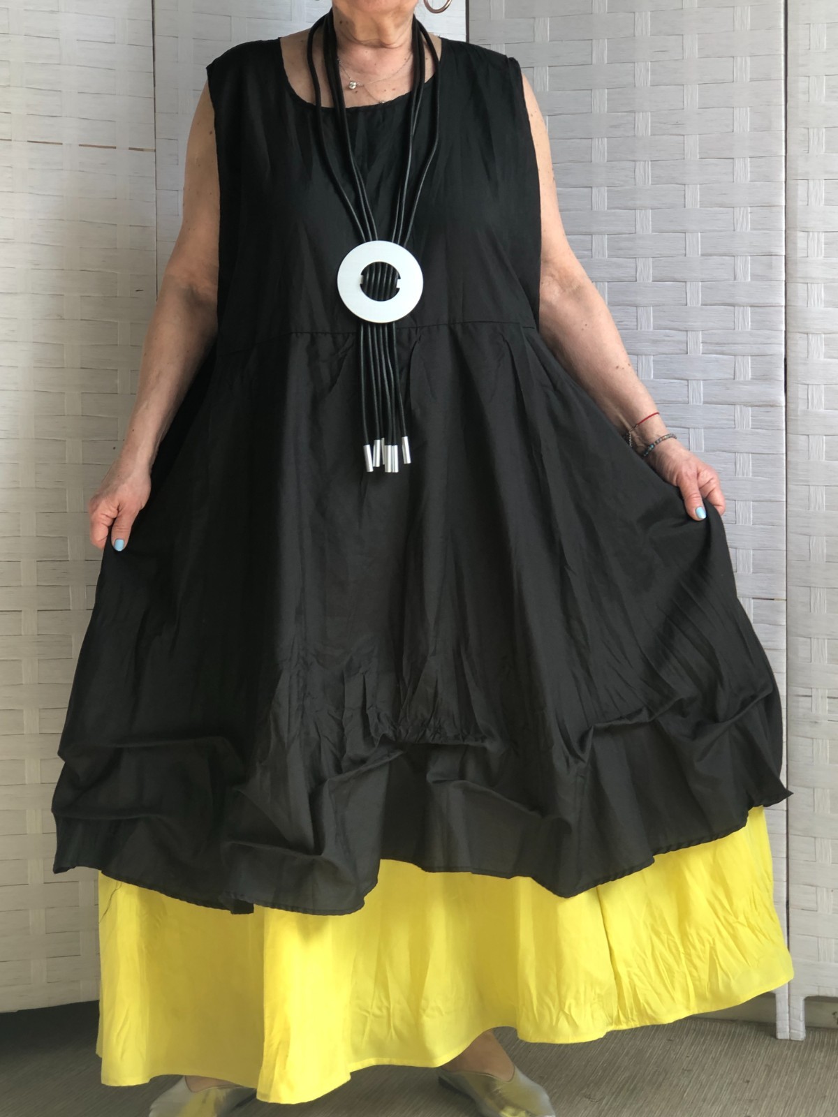 LAGENLOOK ARTSY BOHO 2 LAYERS BLACK YELLOW CRINKLE DRESS WITH NECKLACE