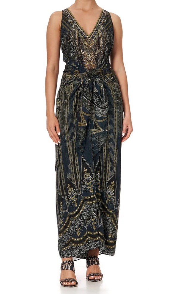 Camilla Long Multiwear Dress Great Scott Silk Kaftan Crystals Black Gold $749