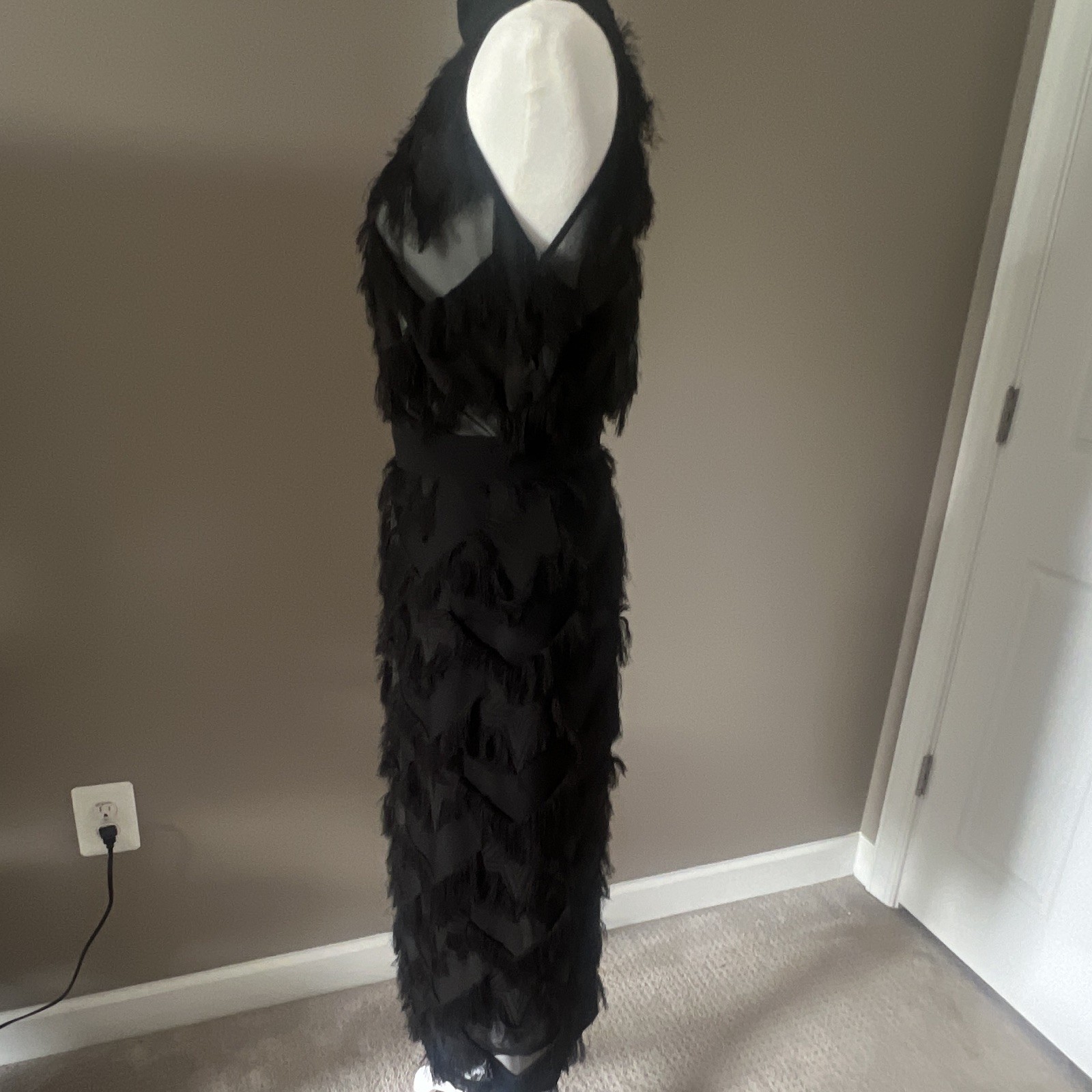 Marella Gattini Black Sheer Mesh Fringe Long Pencil Skirt High Rise 4
