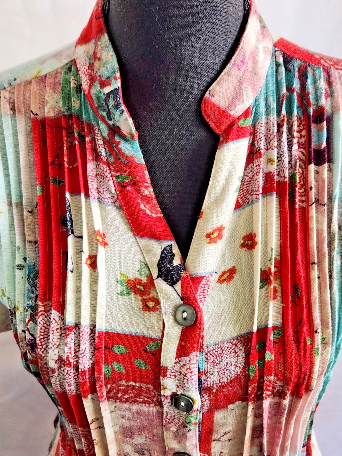 Blue Sky Clothing Co Patchwork Floral Linen Bamboo Button-Down Shirt Dress Boho