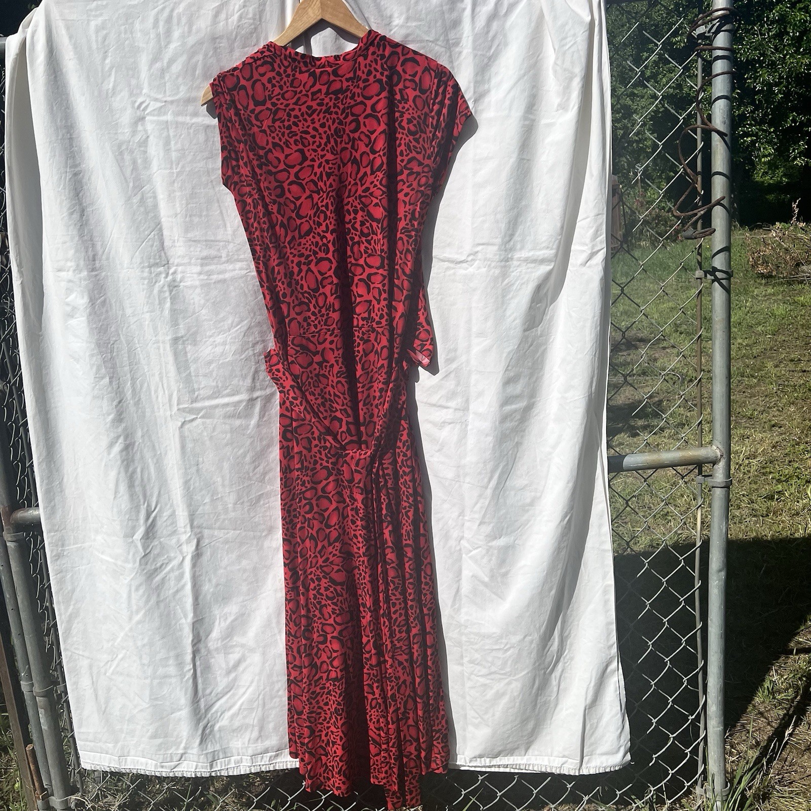 IMAN XL Red Black Leopard Animal Print High Low Maxi Faux Wrap Dress Exotic NWT
