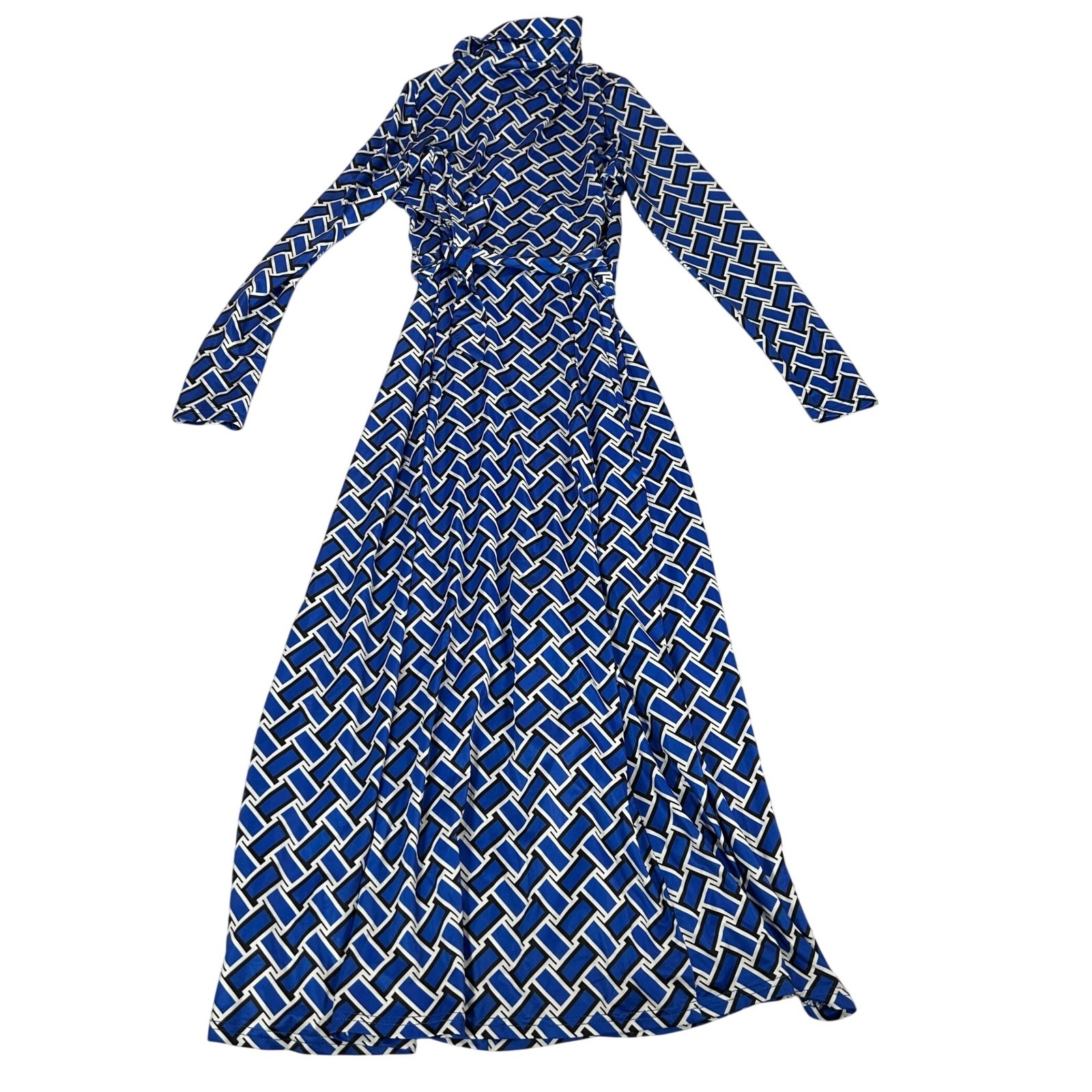 Glamaker Blue Geometric Print Long Sleeve Maxi Shirt Dress Small NEW
