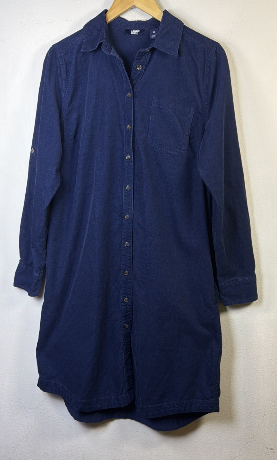 Lands’ End Corduroy Button Down Midi Shirt Dress Womens Large Navy Blue cottage