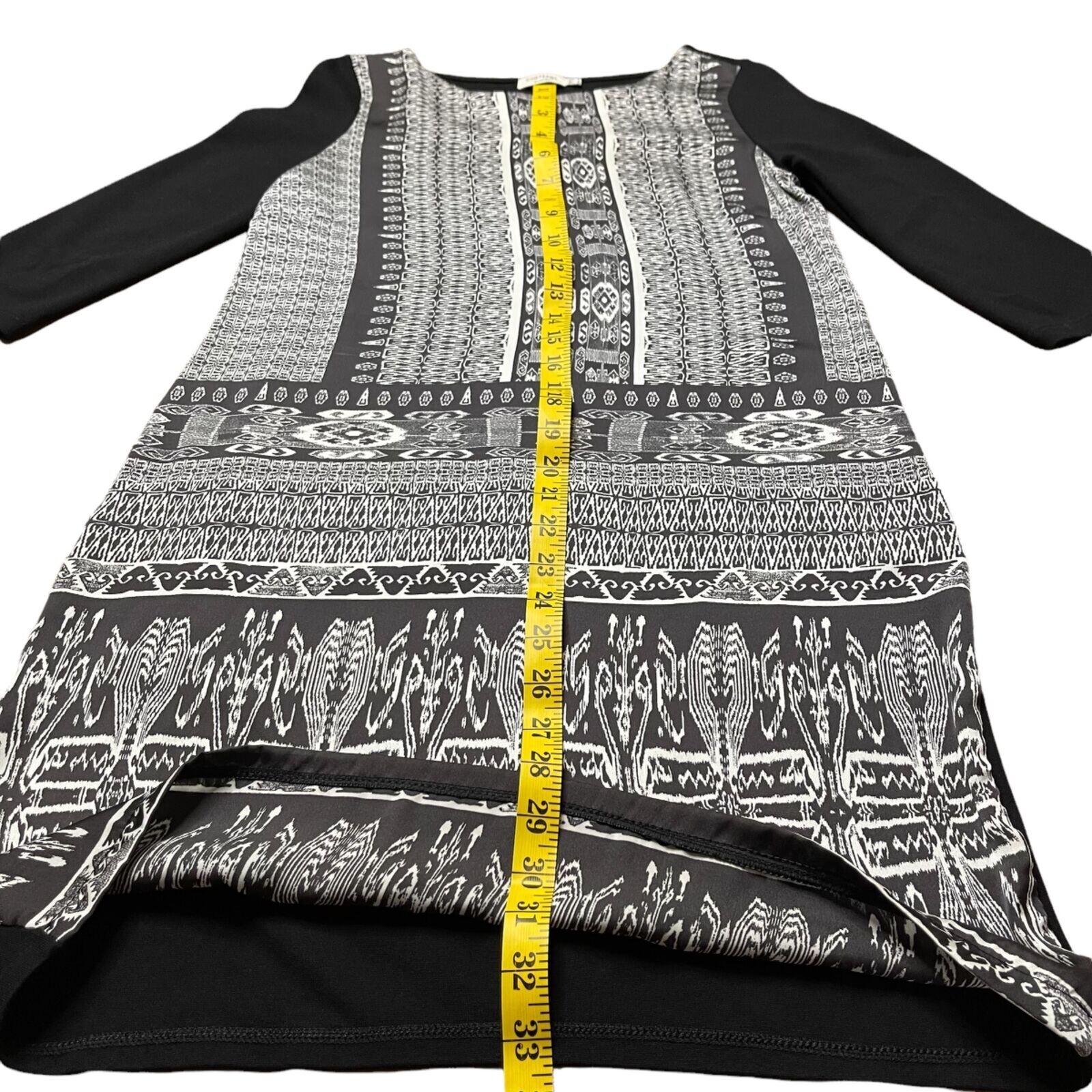 Cortefiel Shift Mini Dress Small Gray Black Boat Neck Long Sleeve Stretch Print