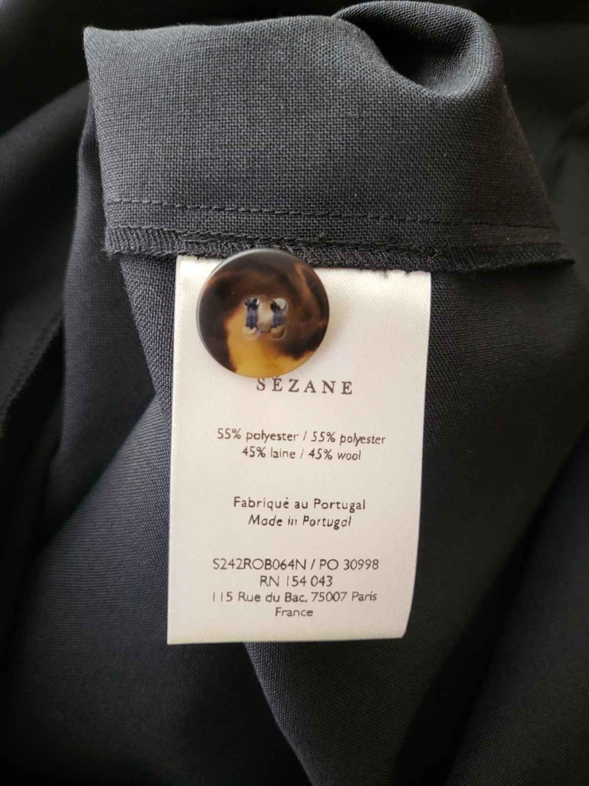 SEZANE Salome Mini Shift Dress Wool Blend Half Button Black Women IT/40 US/8 NWT