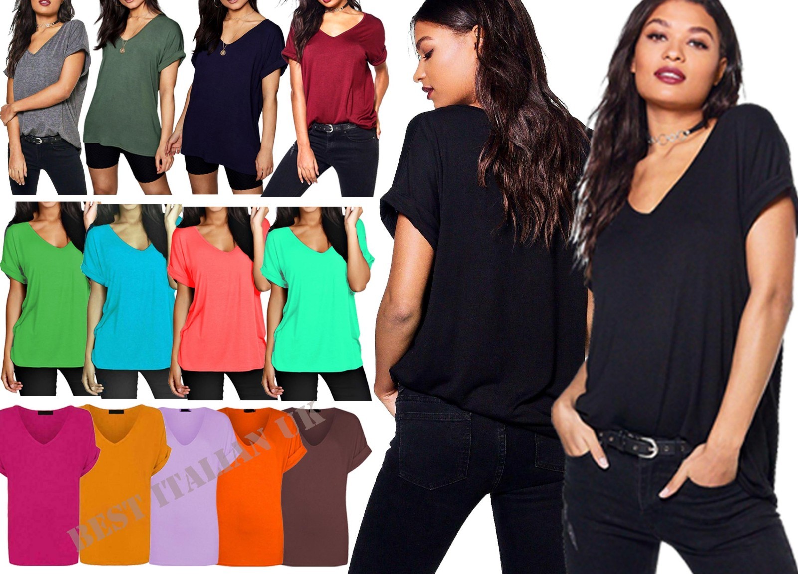 Women Oversized Baggy Loose Fit Turn up Batwing Sleeve Ladies V Neck Top T shirt