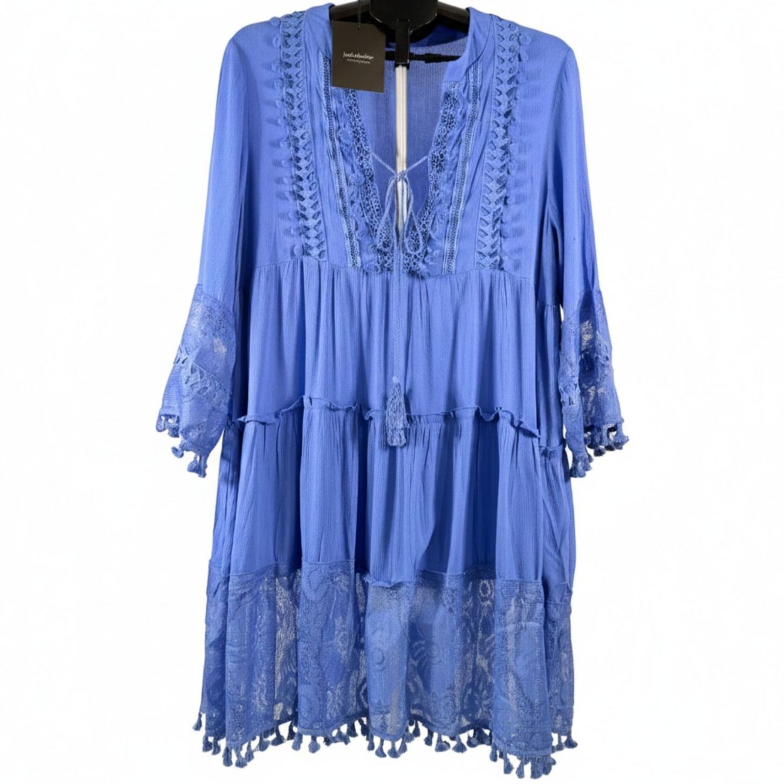 Boho Blue Lace Trim Tassel Dress Women Medium Tiered Mini Dress