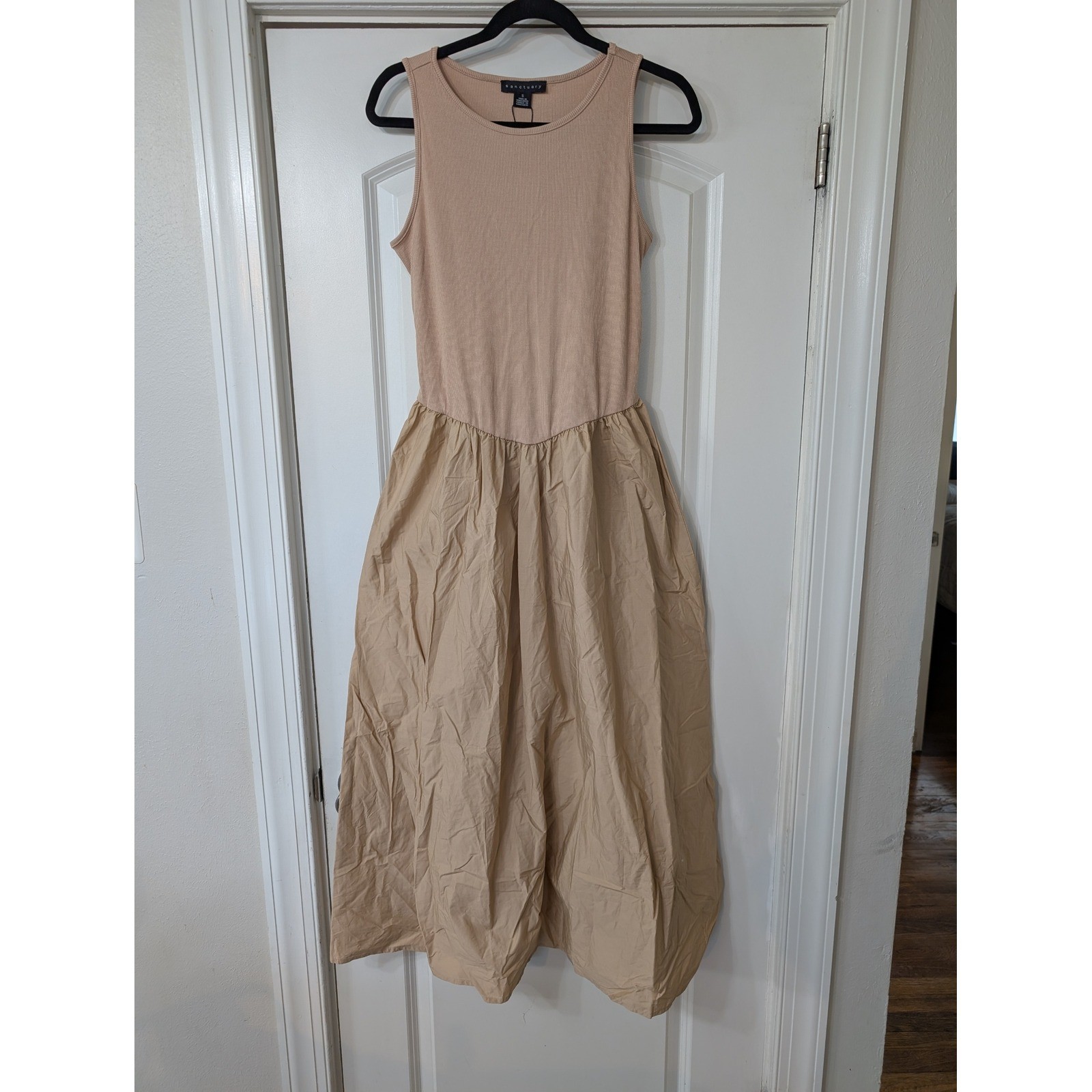 Sanctuary Ribbed Tank Midi Dress women’s small tan mixed media flowy neutral NWT