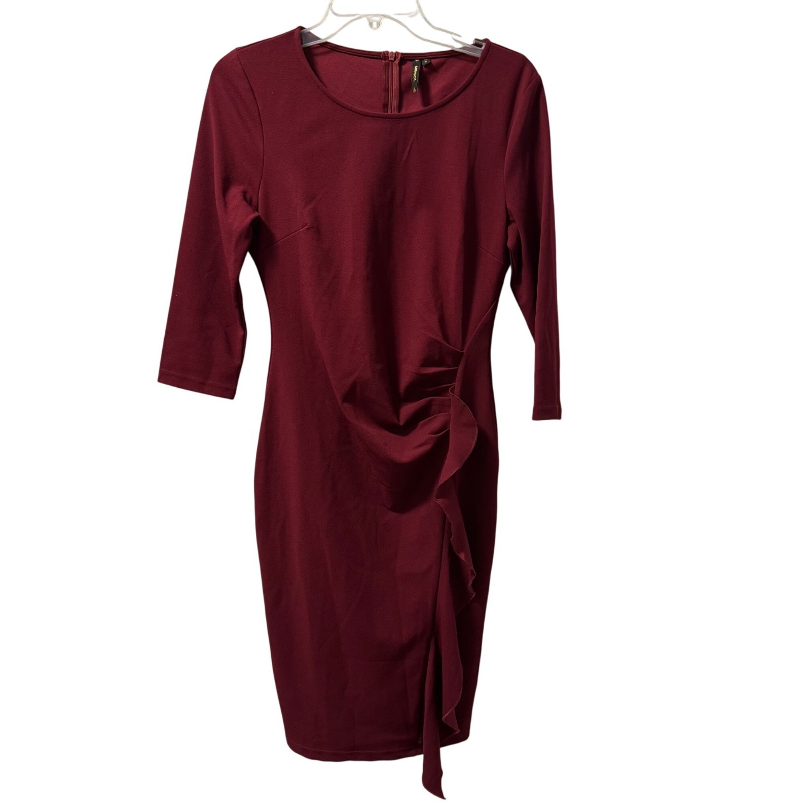 Musol Burgundy Dress With 3/4 Sleeves & Back Zipper Size M Polyester/Spandex