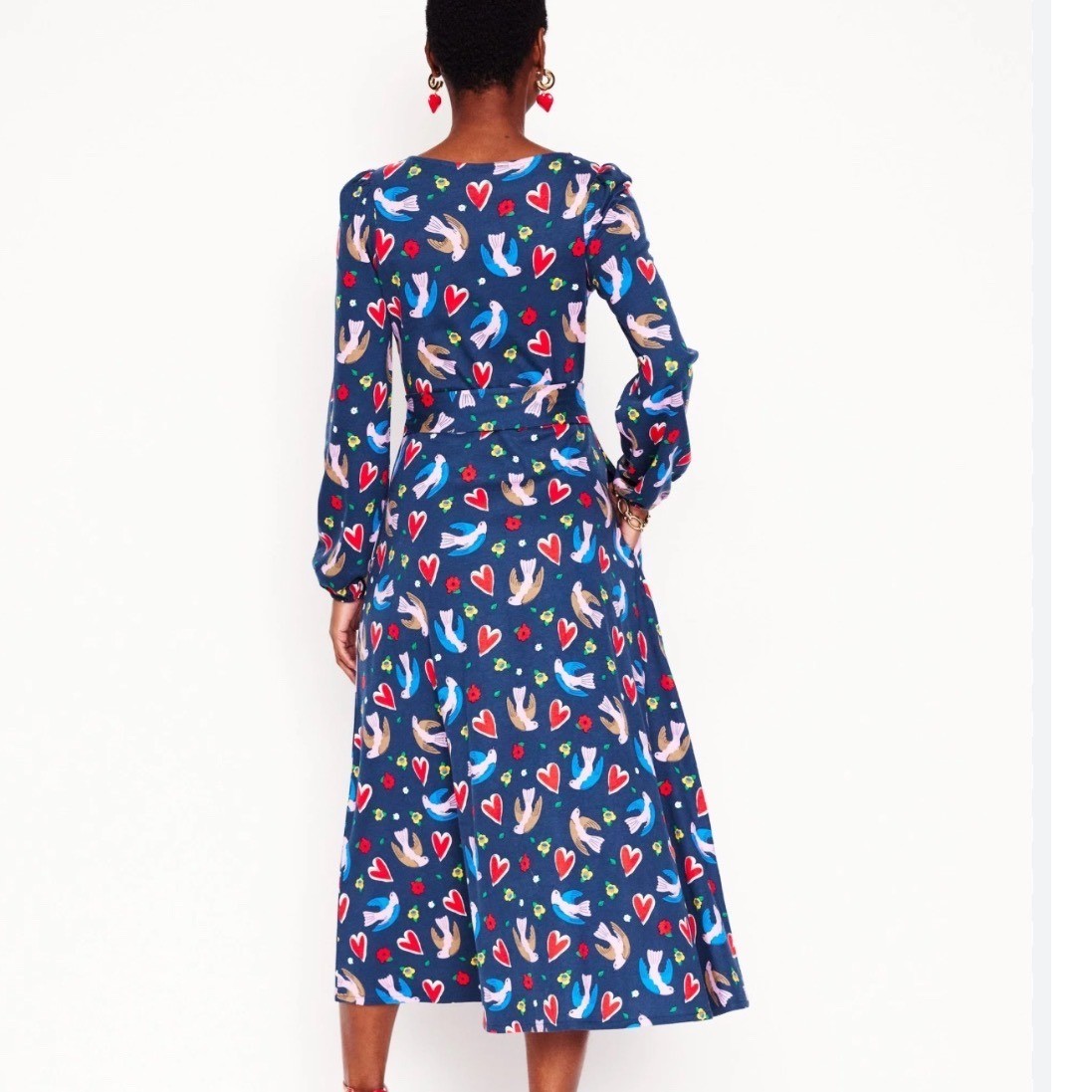 Boden Leandra Navy Blue Bird Dove Heart Print Long Sleeve Midi Dress Tie Waist 8