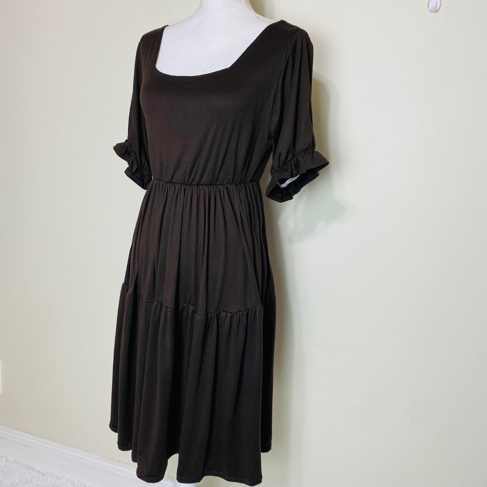 Puff Sleeve Square Neck Long Dress for Women, Fits Small to Medium,Brown
