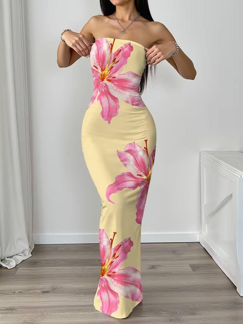 NEW Small Elegant Sleveless Ruched Soft YELLOW Maxi Dress w Pink & White Flowers