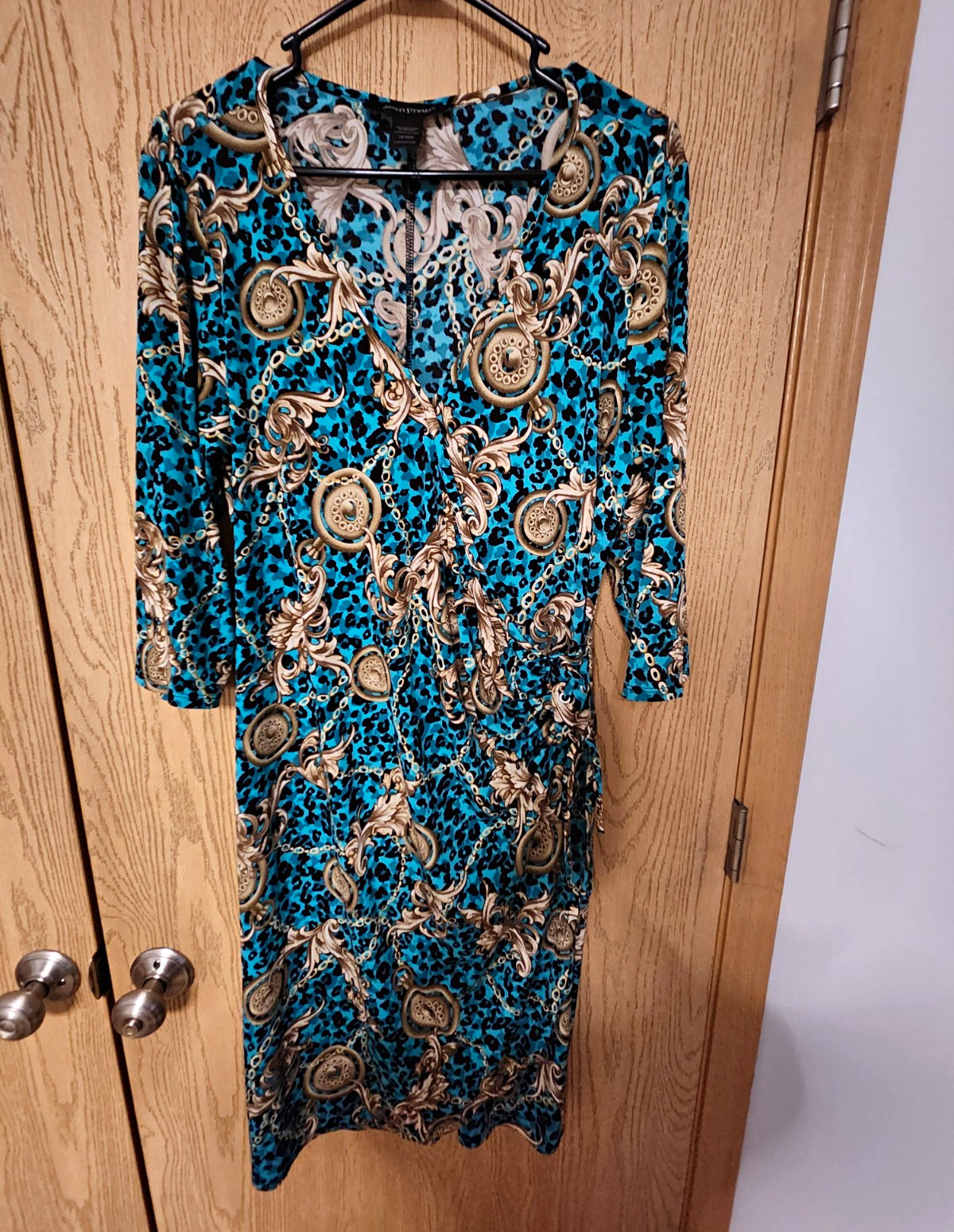 Ashley Stewart 14/16W Blue Black Gold Animal Print V-Neck Lace-Up Midi Dress