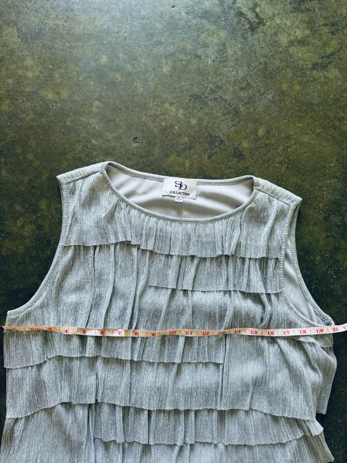 EUC SILVER METALLIC THREAD PLEATED RUFFLE DRESS SIZE 14 US 6 8 VINTAGE DESIGNER