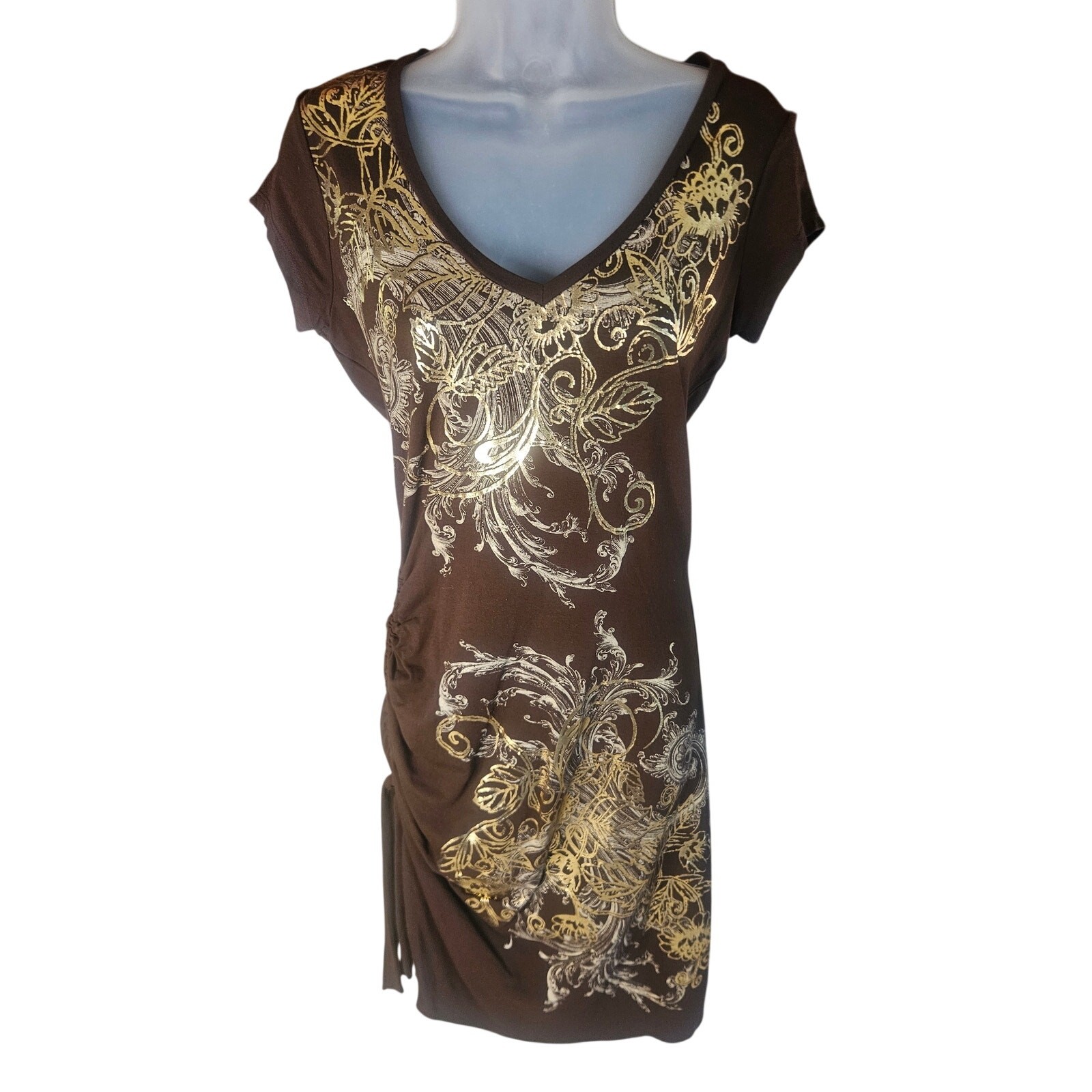 Cache Brown With Gold Silver Print Bodycon Dress Sz M Stretchy V Neck
