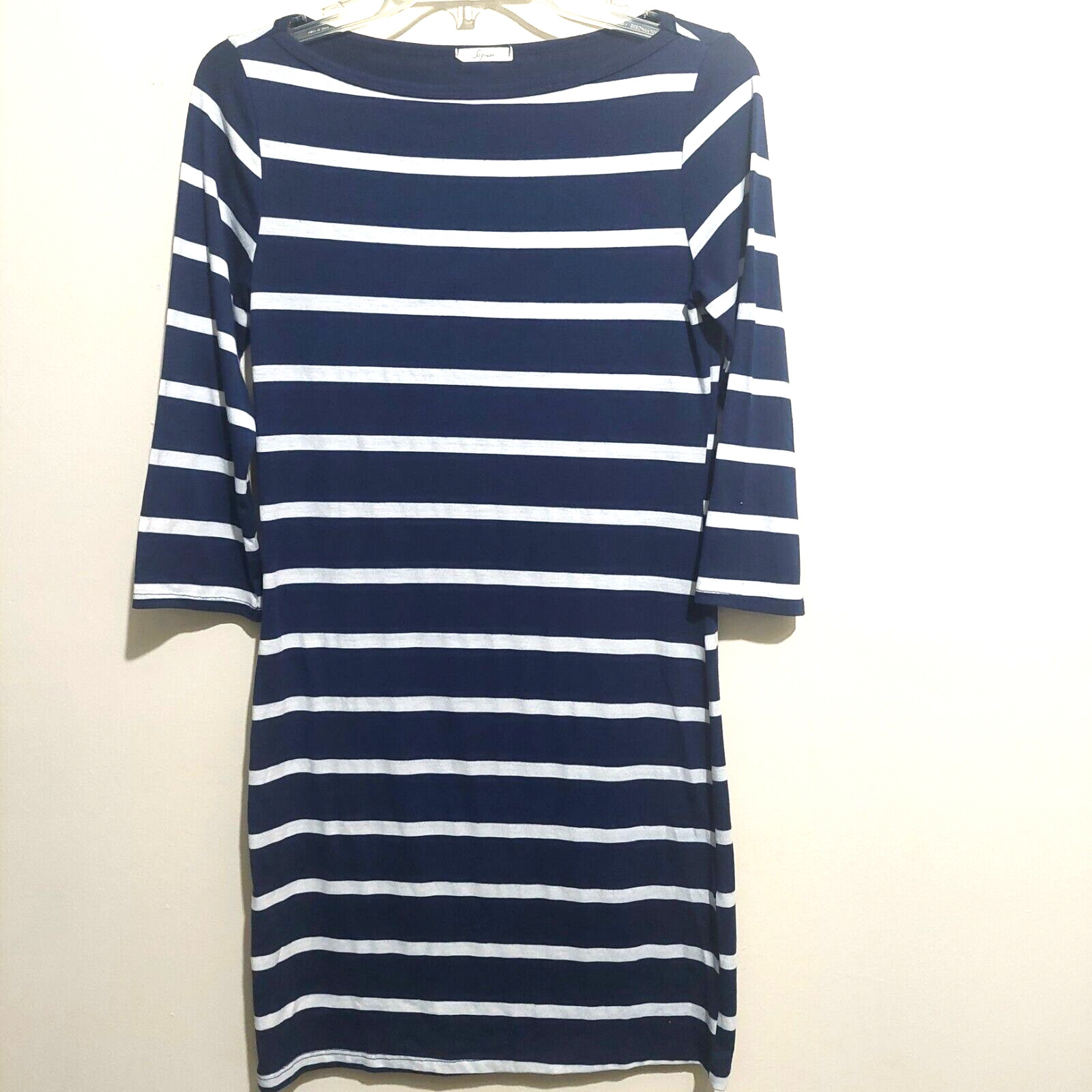 Soprano Womens Medium Stretch Dress 3/4 Sleeves Knee Length Navy White Striped