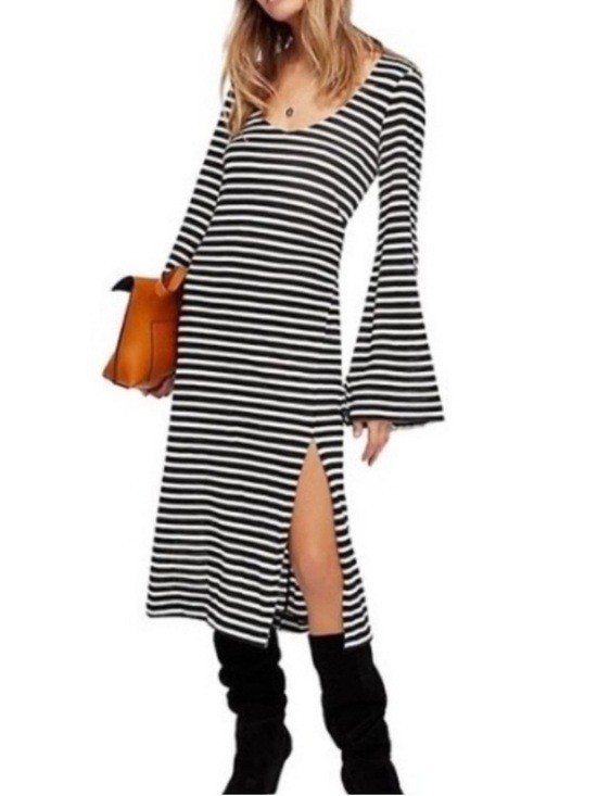 Free People Beach Striped Midi Dress Women’s Size L Stretch Knit Bell Sleeves