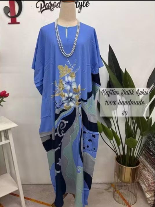 Batik Hand Drawn Malaysia Traditionaly Caftan Maxi Long Dress Blue