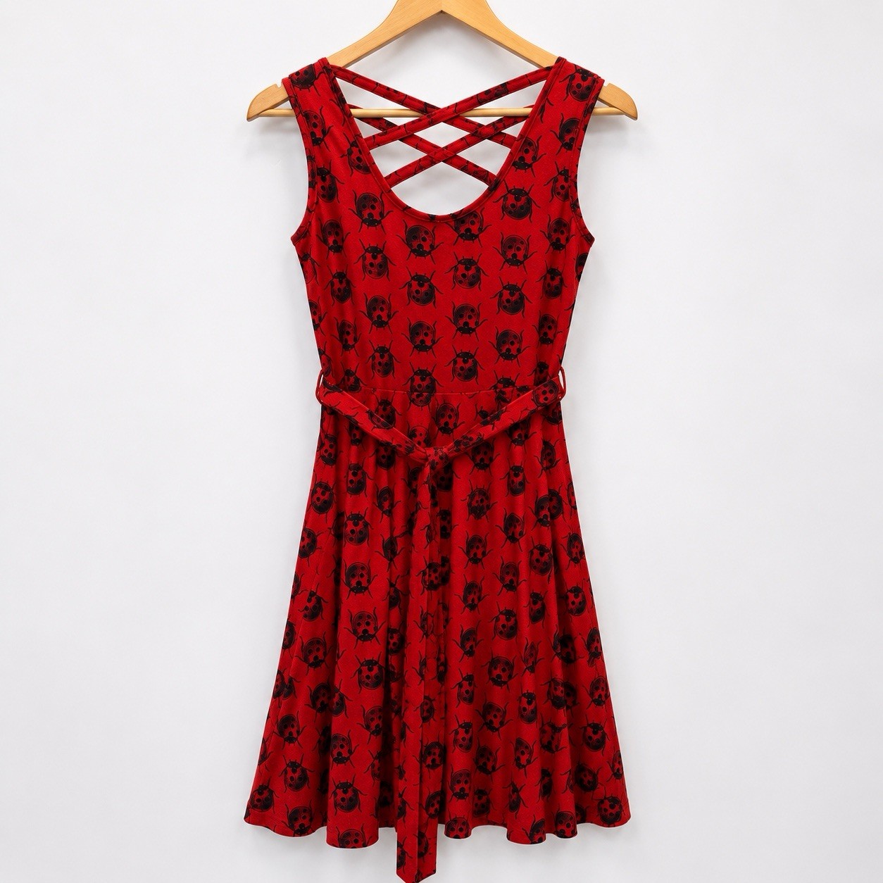Effie’s Heart Red Ladybug Print Crisscross Back Skater Dress Size Small