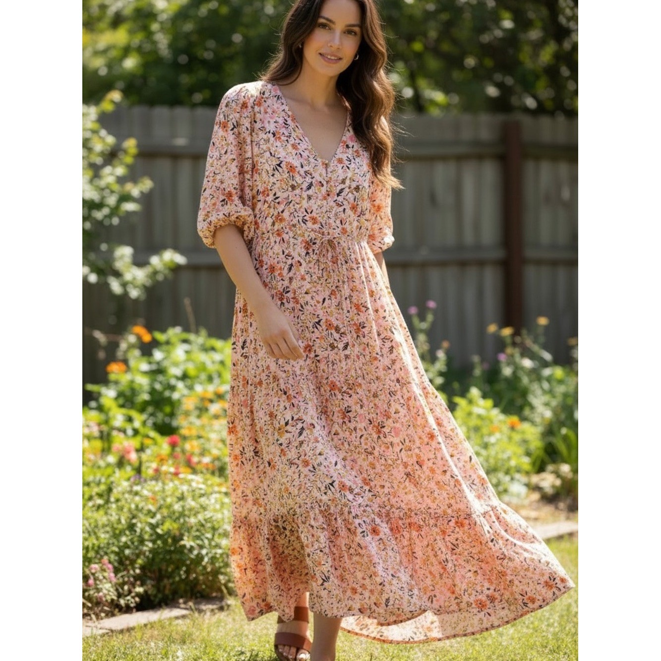 Petal & Pup womens Pink Peach Floral VNeck Tie-Waist Maxi Dress romantic flowy S