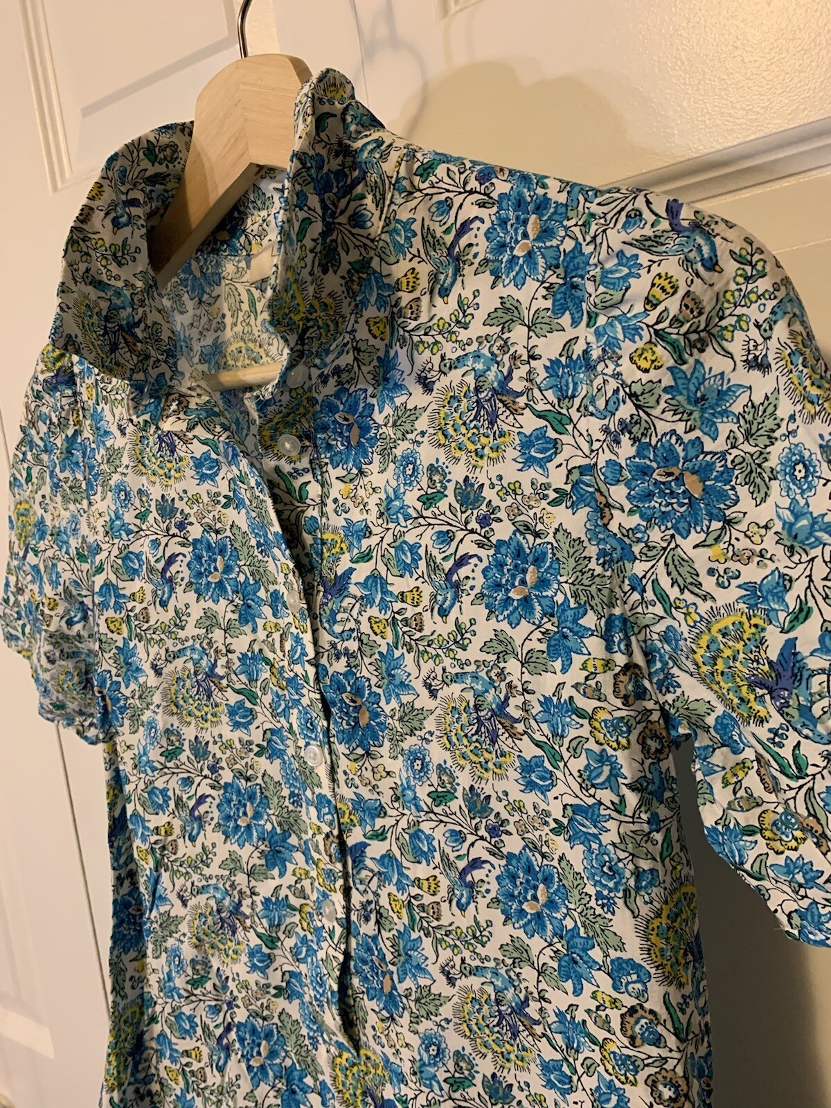 Loft Blue Green Yellow Floral Button Front Dress Sz XSP Petite Belt Dress