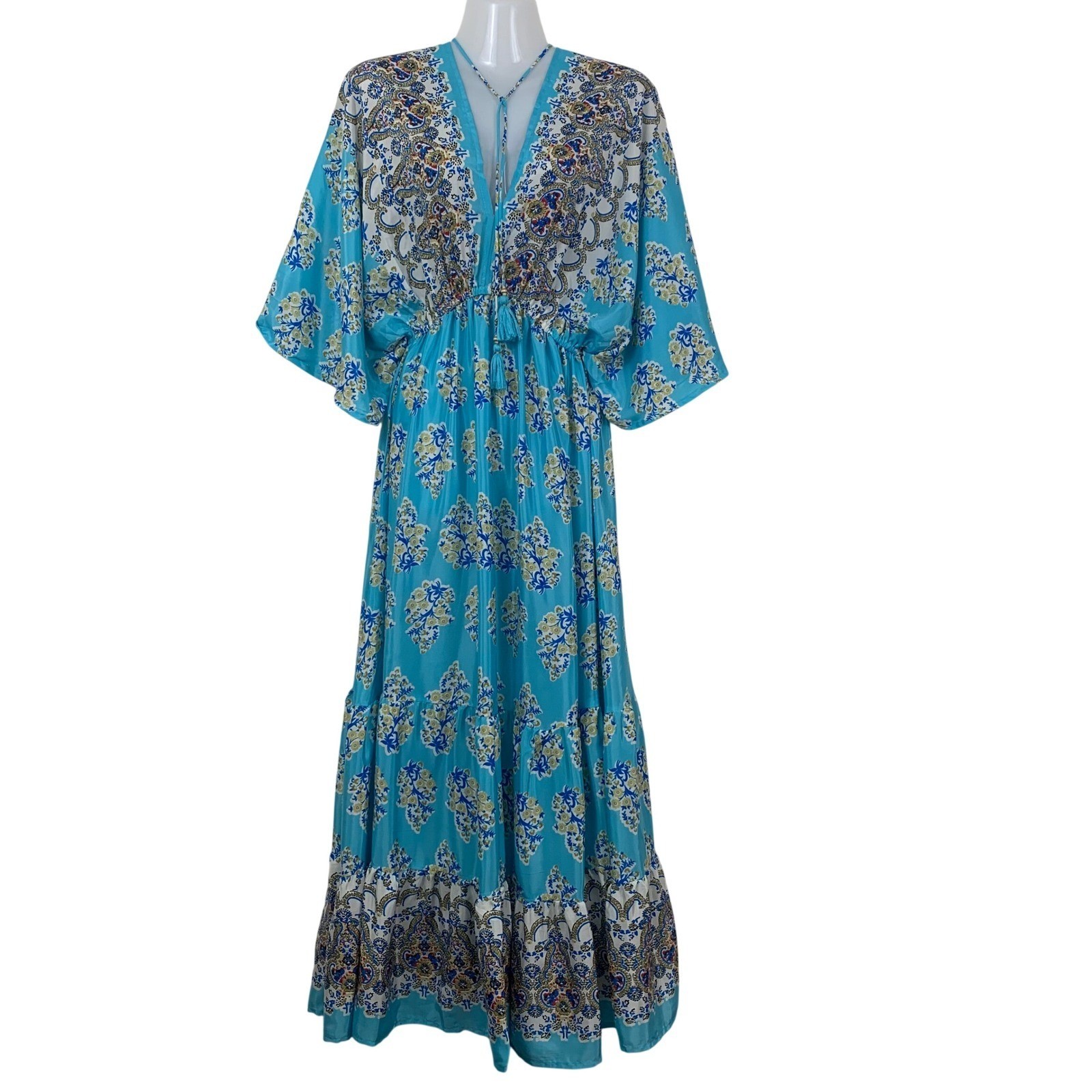 Women’s Free Size Turquoise Boho Maxi Dress V-Neck Tassel Tie Kimono Sleeve