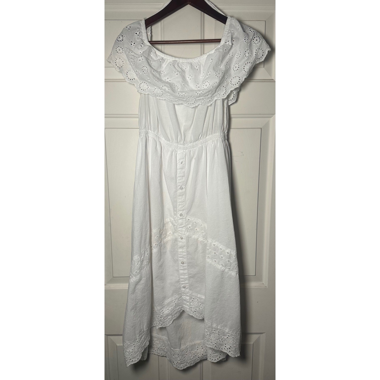 J Gee Eyelet Embroidered Ruffle Peasant Midi Dress Size XL White Forest Fairy