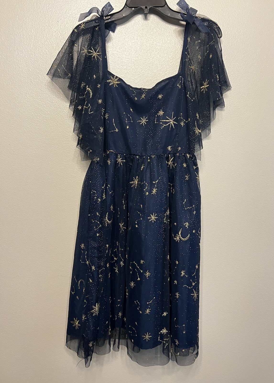 Navy Blue Mesh Celestial Gold Star Babydoll Tulle Dress