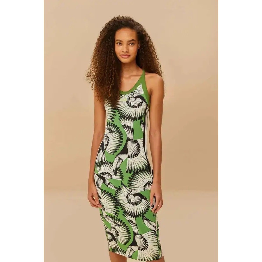 Farm Rio Active Adidas Toucan Wings Midi Dress Green Size Medium Cotton