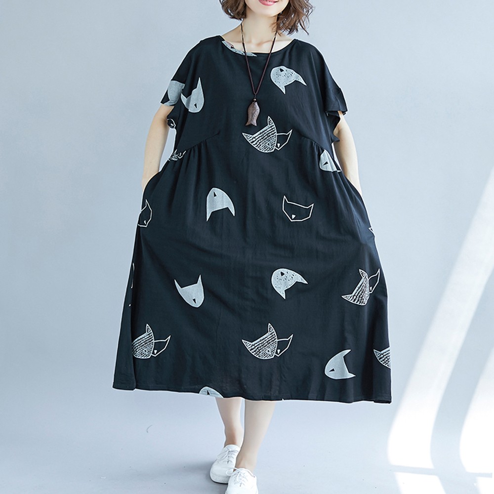 Plus Size Women Dress With Cute Character Cat Print For Fun