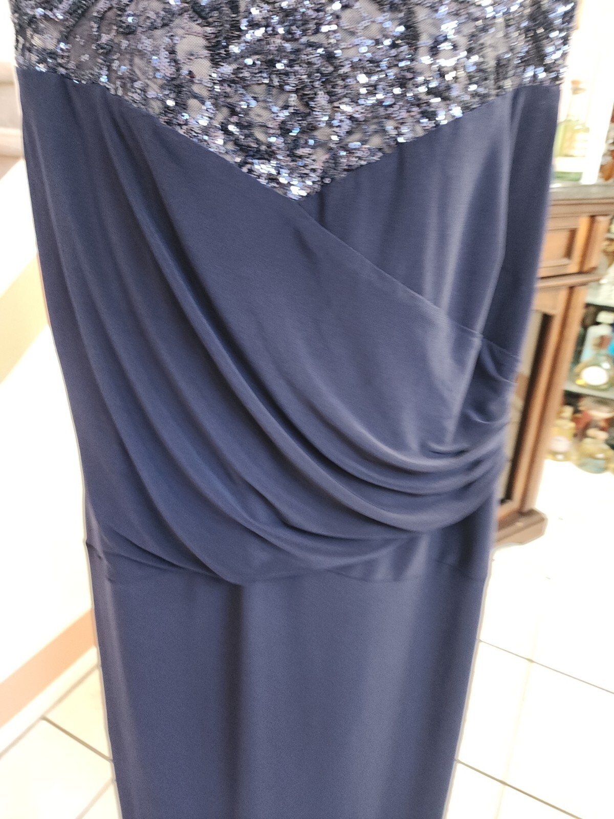 NWT RALPH LAUREN Blue Sequin Round Neck Side Gathered Sleeveless Dress 22W $165