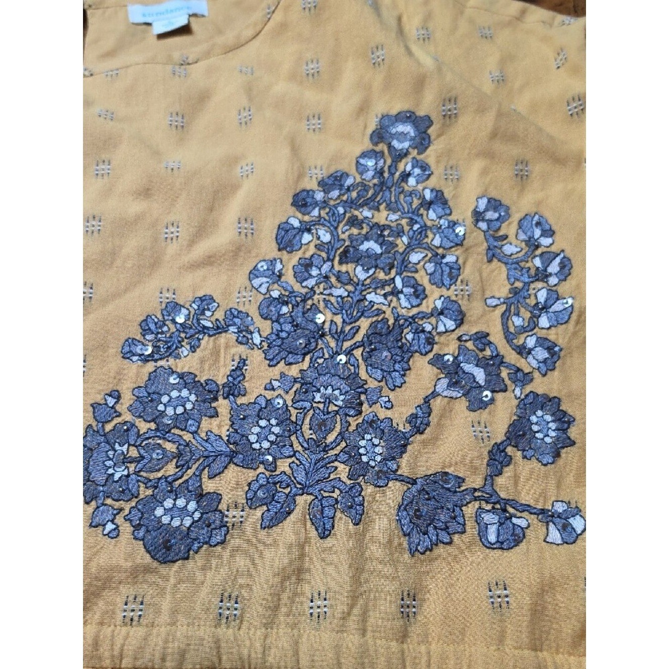SUNDANCE | Mustard Grey Embroidered Sequin Lined Boho Scalloped Pocket Dress | L