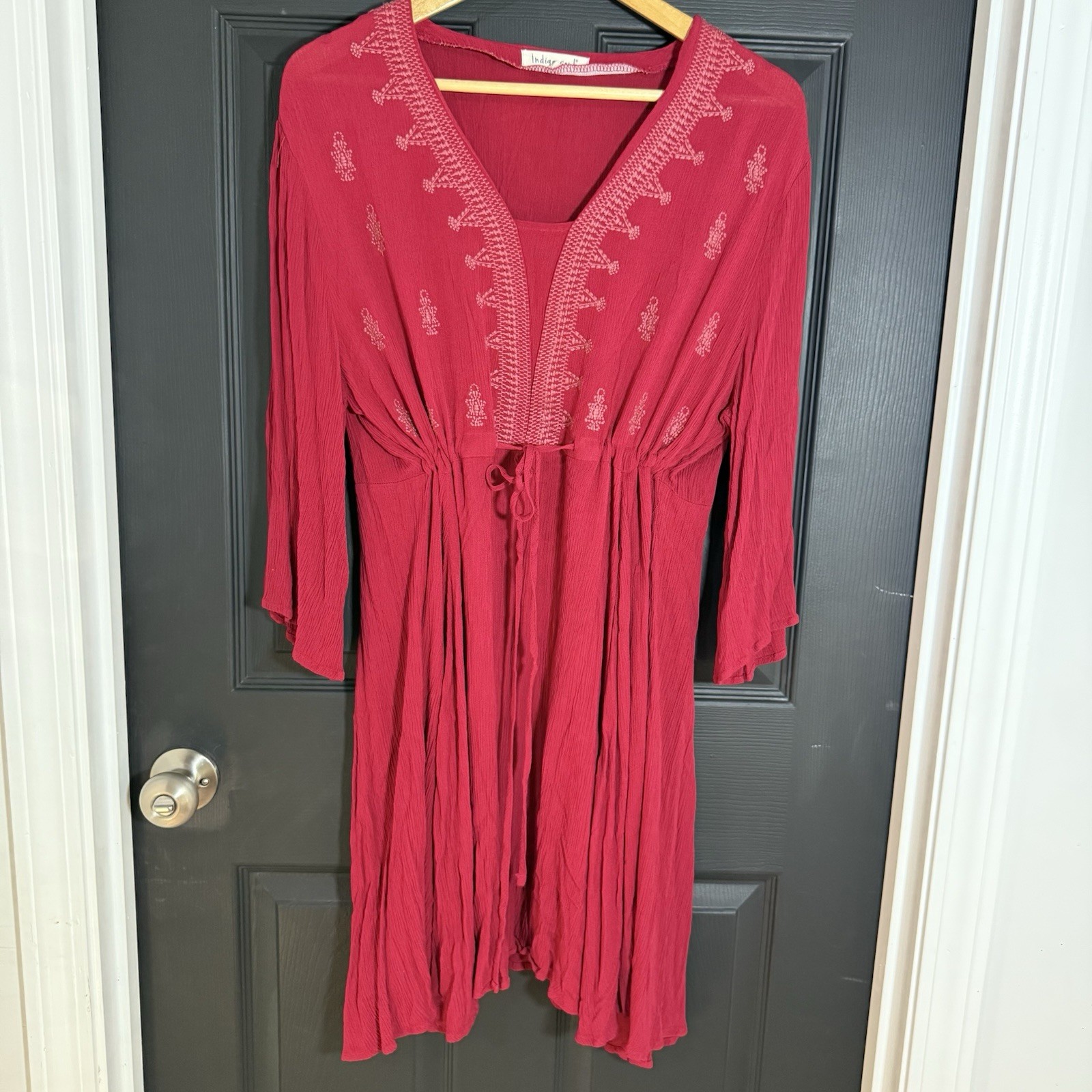 Indigo Soul Dress Size Large Red Embroidered Crepe Crinkle Peasant 3/4 Sleeves