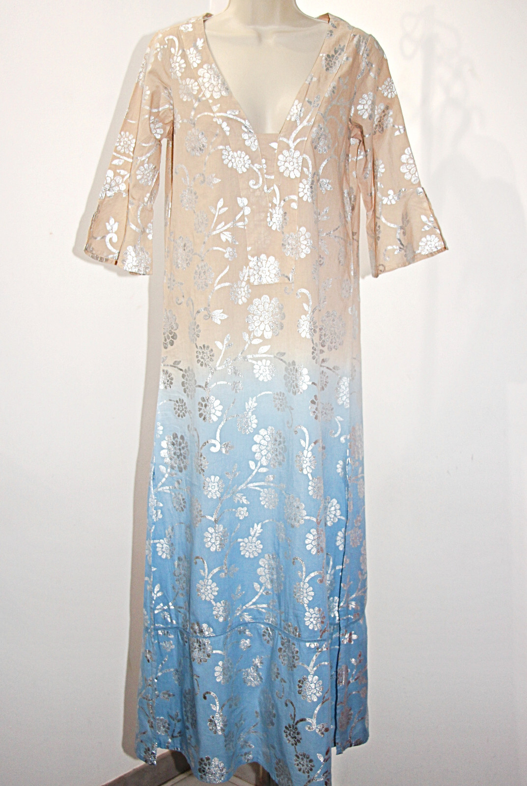 DEBBIE KATZ Delfi Long Metallic Block Print Tunic Dress Beige/Blue sz S $114