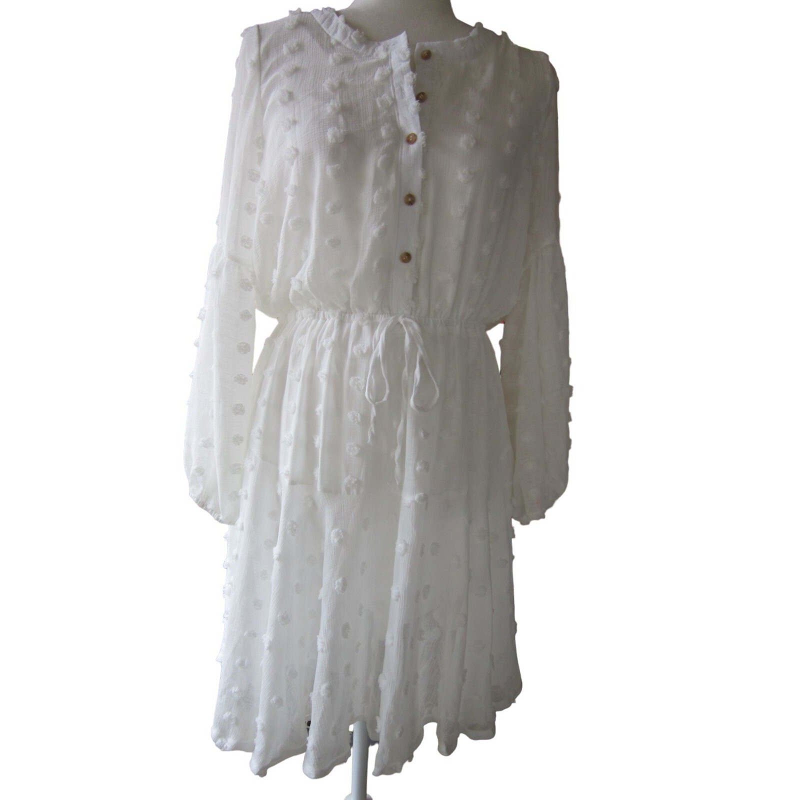 Blu Pepper Womens M Dress Swiss Dot Chiffon Lined Button Front White Medium