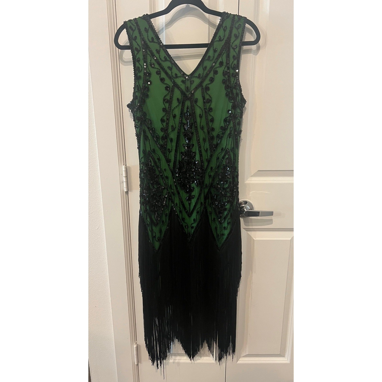 PrettyGuide Green Black Sequin Fringe Flapper Dress 1920s Gatsby Style L (1098)