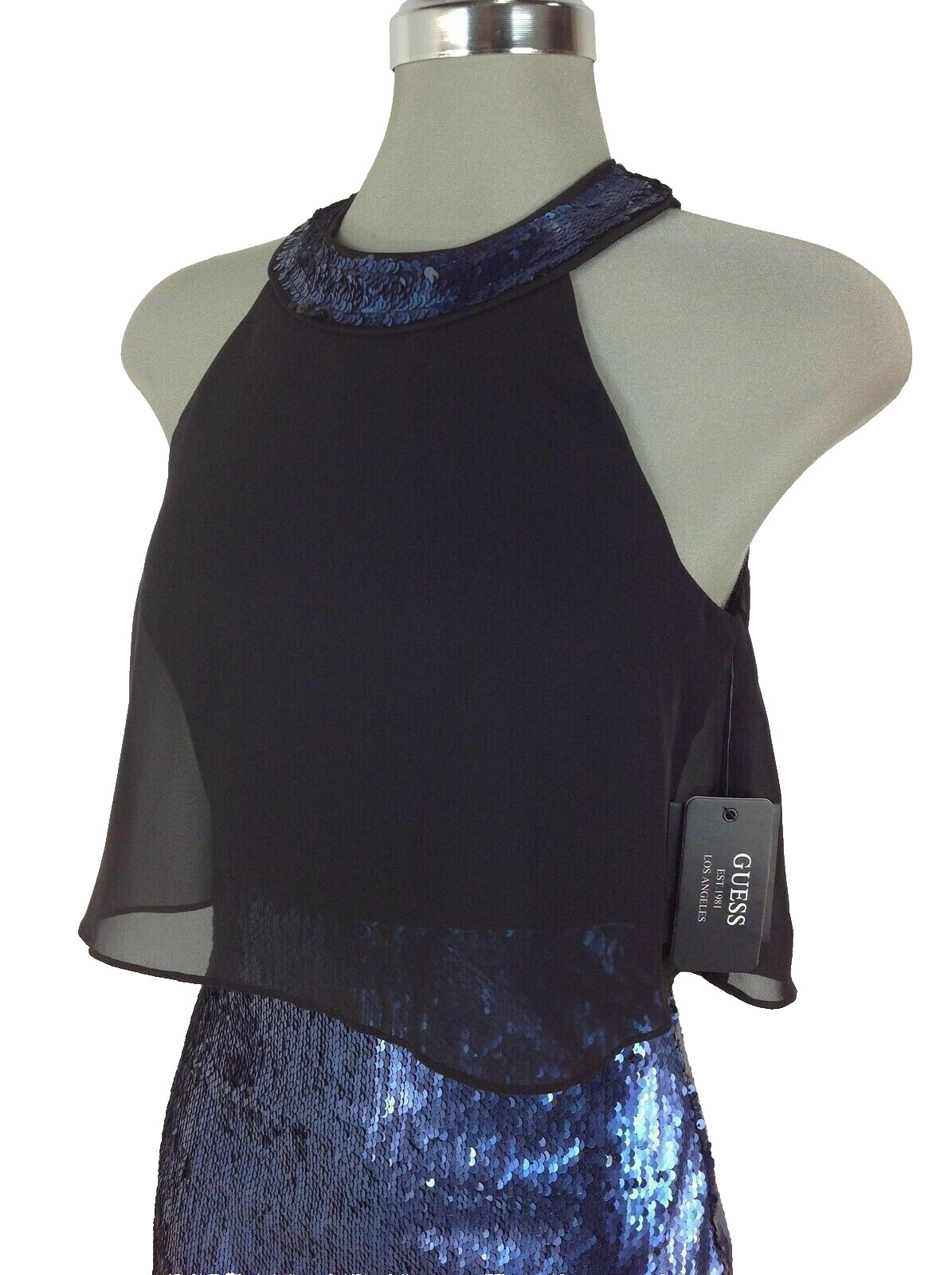 GUESS Exquisite BLACK/COBALT BLUE Sequin Halter Cocktail Dress size 0 NEW!!!!!