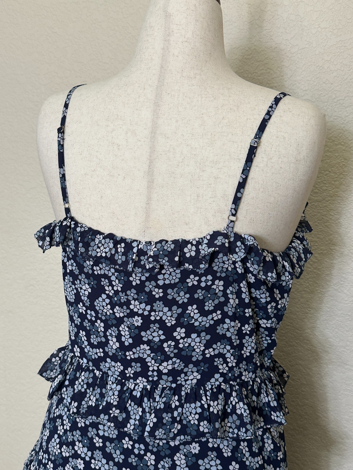Michael Kors Floral Tiered Midi Dress Size L NWT Navy Blue Ruffle Chiffon Lined