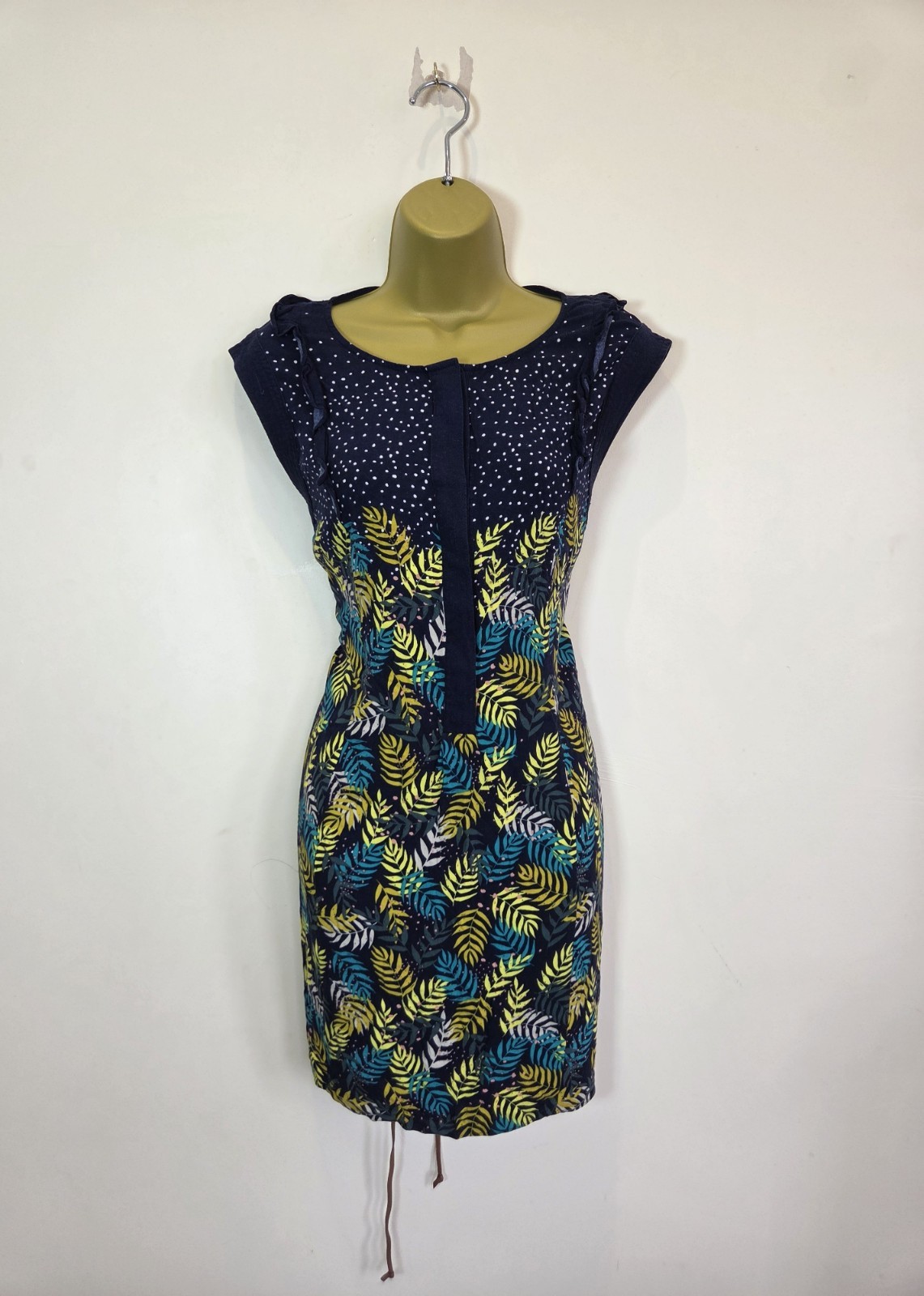 White Stuff Size 14 Navy Blue Gold Sleeveless Belt Leaf Print Autumn Tunic Dress
