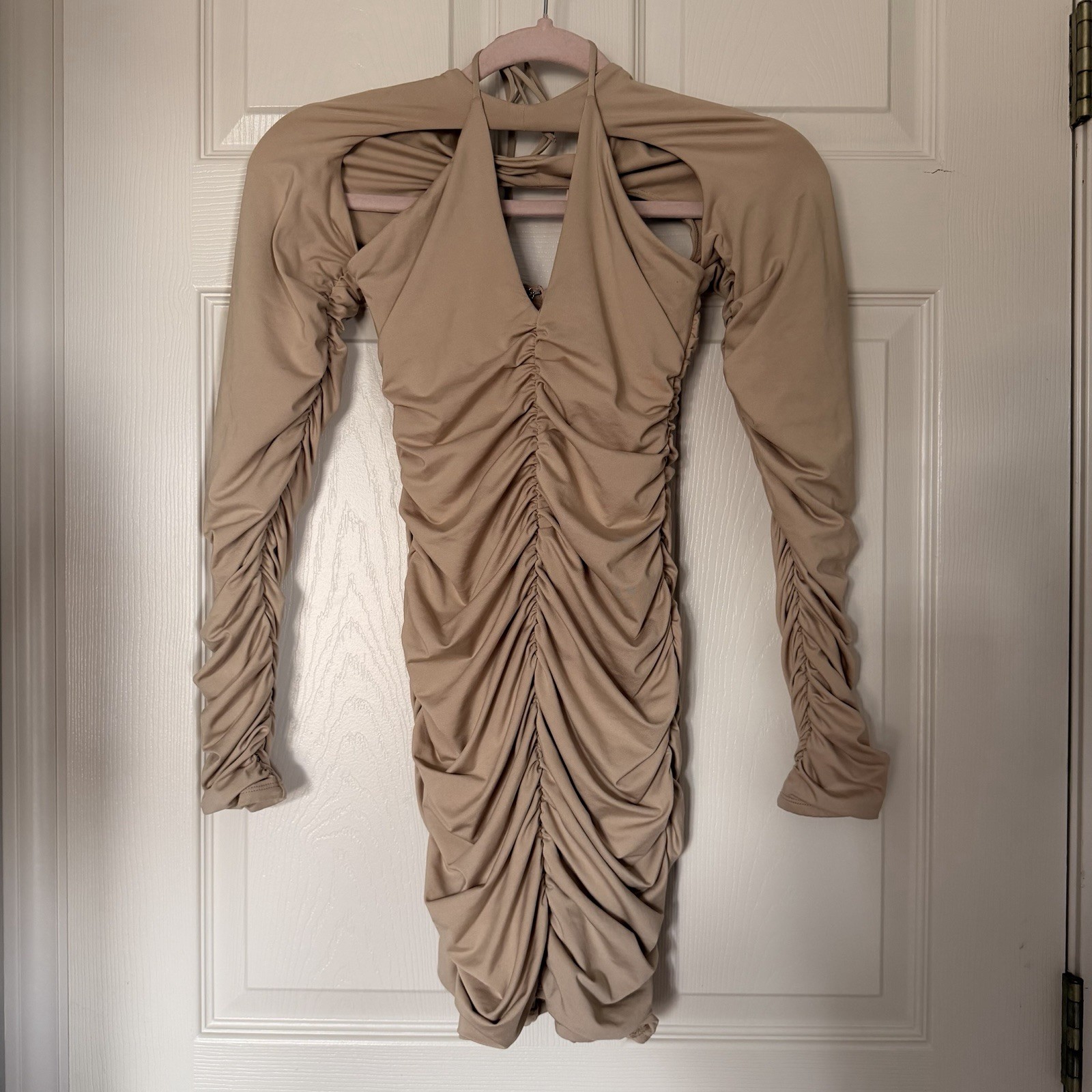 Ruched Nude Bodycon Mini Dress Halter Cutout Long Sleeve Party Club Cocktail US4